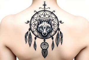 Dreamcatcher with zodiac symbols and protection runes caught in it with wolf teal tattoo idea