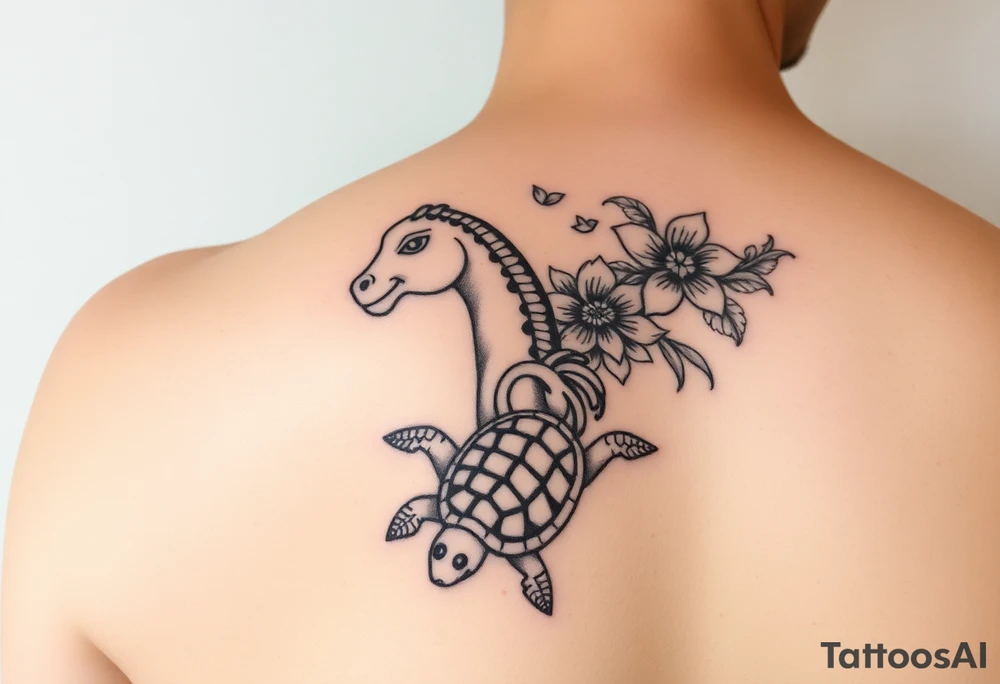 Tiki, flowers, waves, equine, turtle, #299 (Small), black, old school, upper arm tattoo idea