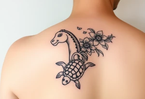 Tiki, flowers, waves, equine, turtle, #299 (Small), black, old school, upper arm tattoo idea