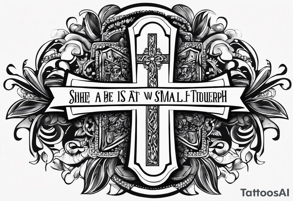 Create a small wrist sized tattoo that has Proverbs 31:25 "She is clothed with strength and dignity, and she laughs without fear of the future"

I would like a cross with text wrapped around it tattoo idea