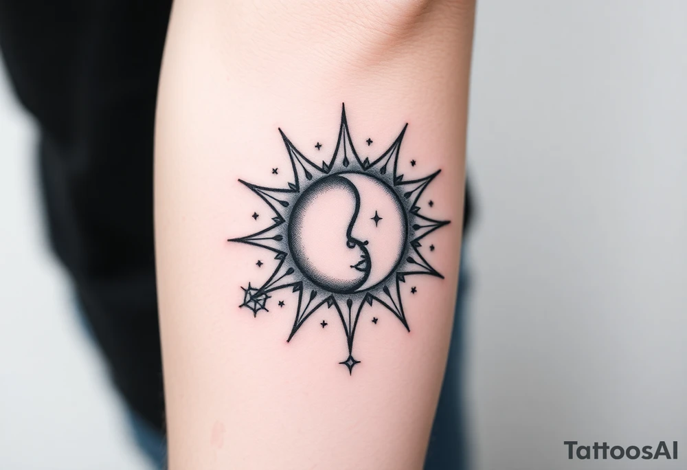 celestial sun and moon embrace with constellation patterns tattoo idea celestial sun and moon embrace with constellation patterns tattoo idea