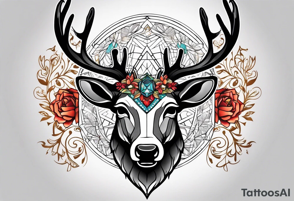 back tattoo of a front view reindeer with half the face as a skull tattoo idea