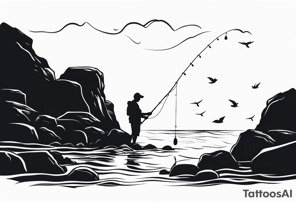 man fishing on a rocky beach silhouette tattoo idea