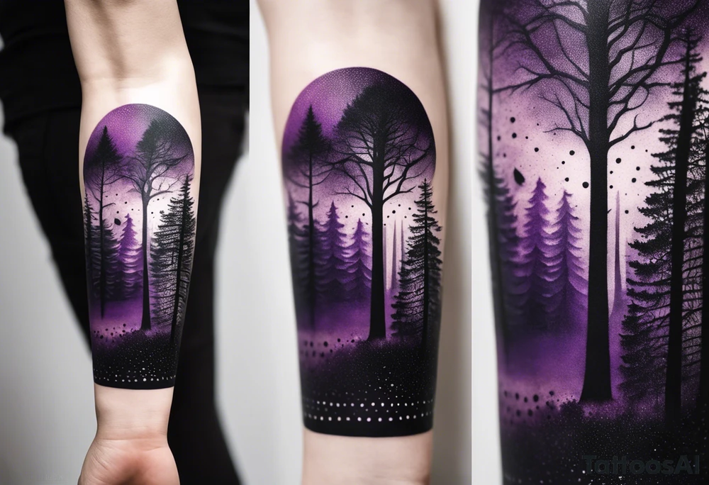 forest, purple and black, covered from wrist to forearm, fully covered, no borders, blackwork tattoo idea