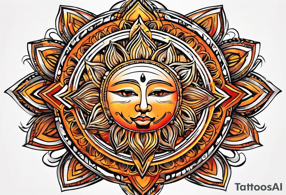 Orange sun with yellow and red highlights tattoo idea