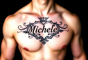 Design a tattoo for a man’s chest of a woman’s name Michelle to be placed over his heart. Make the tattoo tasteful and elegant. Inirporate the irish claddagh tattoo idea