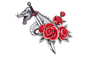 dragon coils around a sword,roses, tattoo idea