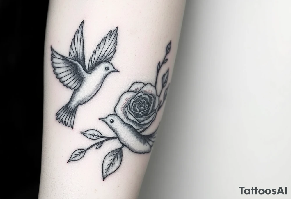 forearm tattoo doves and a rose (make it  a realistic art style )and grandmothers name that is "rose" add lots clouds to the backround tattoo idea