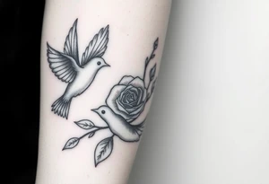 forearm tattoo doves and a rose (make it  a realistic art style )and grandmothers name that is "rose" add lots clouds to the backround tattoo idea