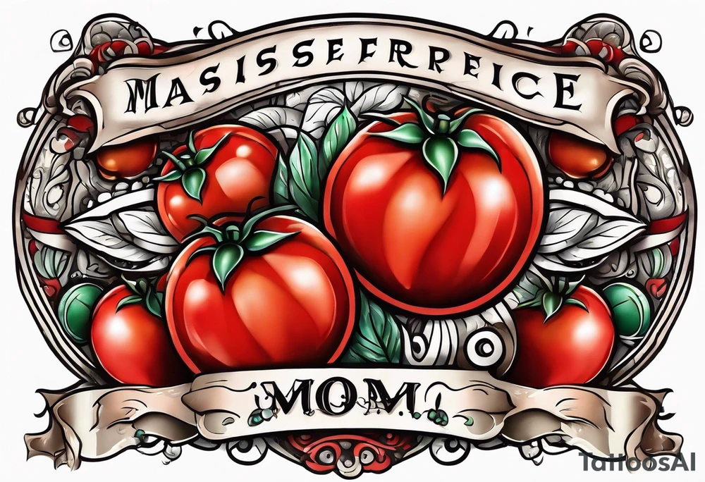 Red tomato with a mom banner around it tattoo idea