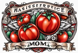 Red tomato with a mom banner around it tattoo idea