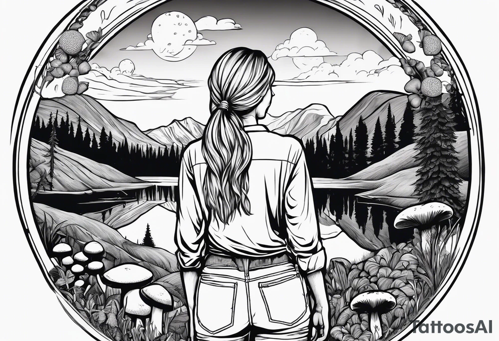 Whole picture encircled fully

Straight long blonde hair hippie girl in distance holding mushrooms in hand facing away toward mountains and creek surrounded by mushrooms long sleeve shirt and hiking pants; whole rendering within a full circle, no cut off circle tattoo idea