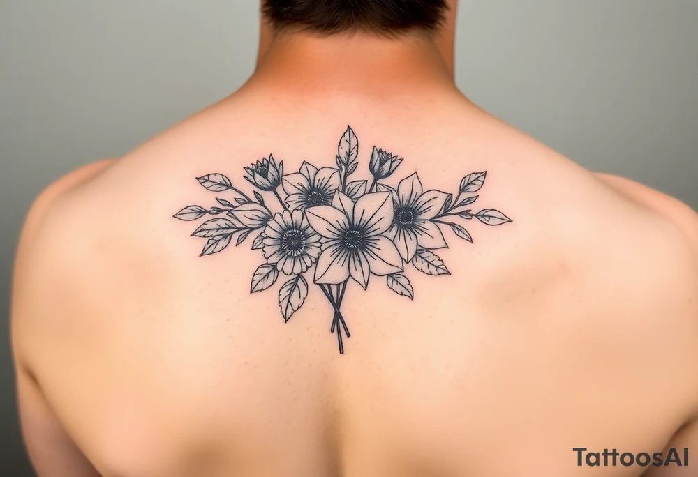 September and 2 may birth flower bouquet fine line tattoo idea