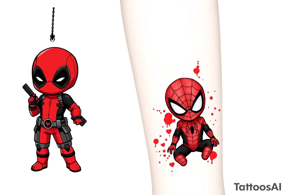 Project: Upper Arm Half-Sleeve Tattoo (Chibi Marvel Duo)
Placement: Upper Arm (Shoulder cap down to just above the elbow)
Reference Images: Chibi Deadpool (Image 1) and Chibi Spider-Man (Image 2)
Design Request & Layout:
* Please stack the characters dynamically to fit my upper arm. I'd like Deadpool positioned near the top/shoulder cap, and Spider-Man sitting near the bottom/above the elbow.
* Use the dangling spider and its web thread, along with loose, energetic construction lines, to transition between the two characters and wrap the design around the arm.
Art & Color Style:
* Linework: Please harmonize both characters into a singular, unified style—blending Deadpool's clean comic ink lines with Spider-Man's raw, cross-hatched sketchbook aesthetic.
* Color: The base of the tattoo should be gritty black-and-grey sketch shading. However, I want vibrant pops of red on their suits.
* The Splatter Effect: Instead of keeping the red cleanly inside the lines, please style the red color as a loose, dynamic watercolor/ink splatter effect that bursts out past their outlines and fades into the negative skin space. tattoo idea