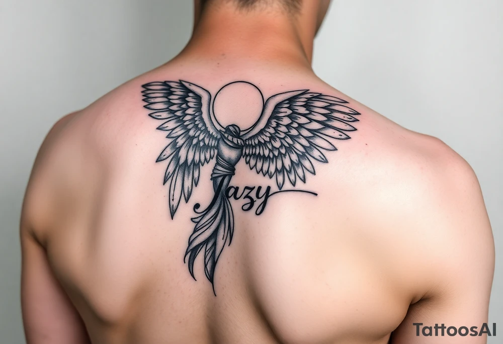 upper arm tattoo - Remembrance angel of a deceased best friend with the name Jazy incorporated tattoo idea