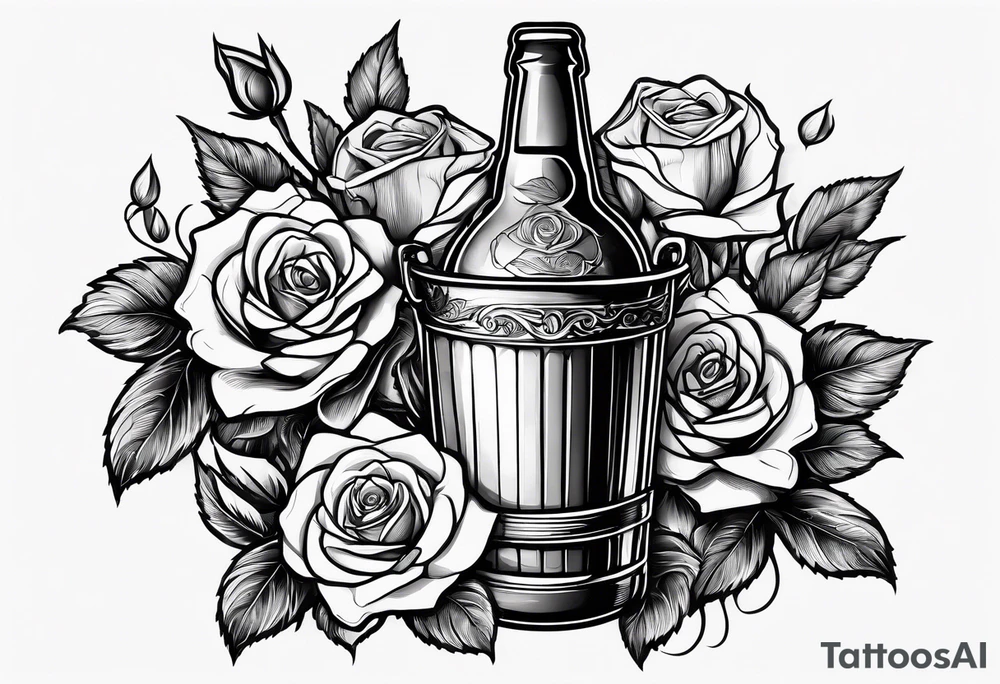 A bottle of beer and a stalk of rose in the bucket tattoo idea