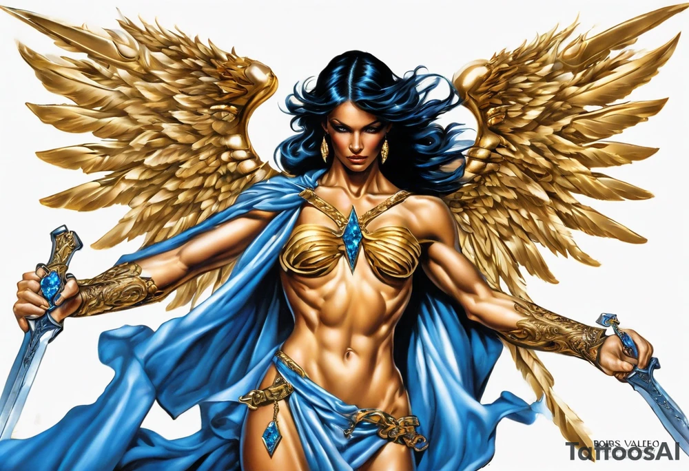 Bright Gold jewelry
Bronze wrist bands
Winged Angel
Sword
Muscle
Blue
Diamonds
Leather
White robe tattoo idea