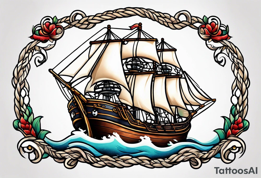 american traditional ship. rope border tattoo idea