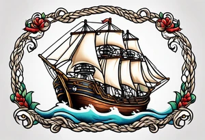 american traditional ship. rope border tattoo idea
