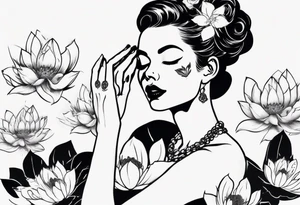 pin-up style queen with retro features bathing in lotus flowers and covering her eyes with her hands tattoo idea