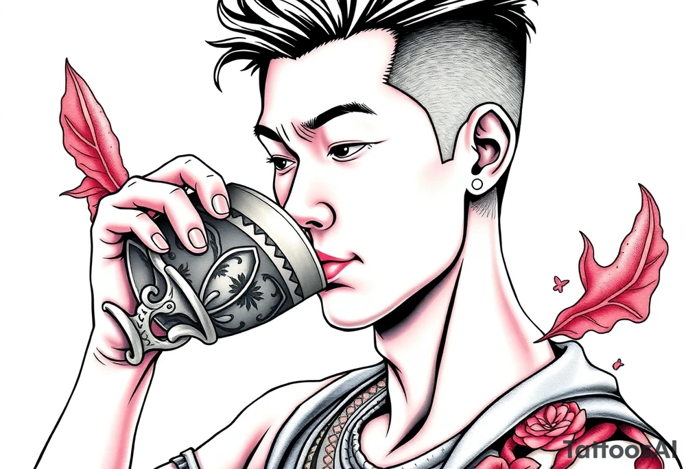 Handsome Asian young guy is drinking from medieval cup tattoo idea