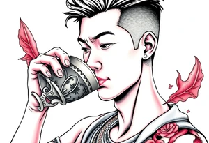 Handsome Asian young guy is drinking from medieval cup tattoo idea