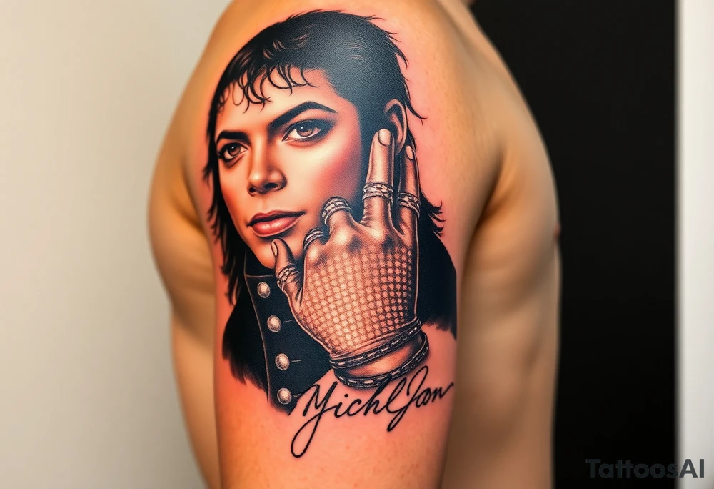 The ultimate realism tattoo sleeve design for an upper arm, celebrating Michael Jackson's entire career. A vertical masterpiece collage: Top features his hyper-realistic eyes from the Dangerous album peering through stage smoke. Middle shows a crisp, detailed portrait from the Bad era with high-contrast jacket buckles. Bottom section displays his hand in the sparkling sequin glove holding his fedora hat. The design smoothly fades out into his official autograph written in clean fine-line script at the very bottom. Photorealistic, cinematic lighting, deep blacks, master shading --ar 2:3 tattoo idea