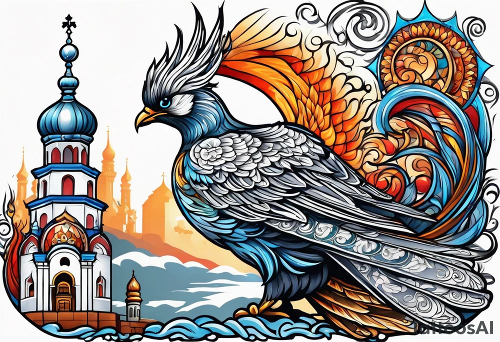 russian firebird with fancy tail and small onion cap monastery towers in background tattoo idea
