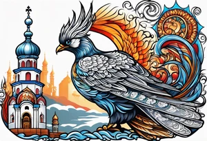 russian firebird with fancy tail and small onion cap monastery towers in background tattoo idea