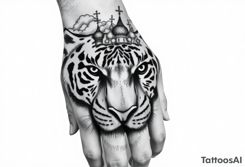 Realistic relic style tiger face on the back of the hand with strong contrast and fine detail with its eyes completely black. with a highly detailed Russian Orthodox cathedral sitting above on fore arm with onion domes and orthodox crosses, done in fine line, engraving-like style. Cohesive composition, black ink only, no color, high contrast, slightly aged, documentary-style, plain light background. with clouds above and a virgin mary 
spanning from my hand to lower fore arm tattoo idea