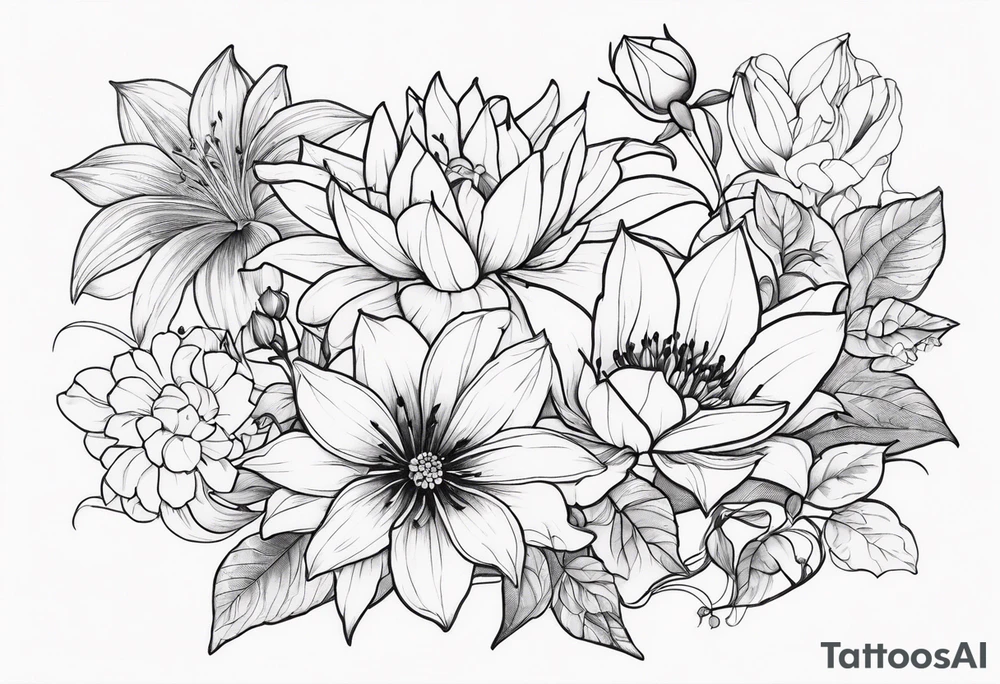 Lillies, roses, morning glories, chrysanthemums tattoo idea