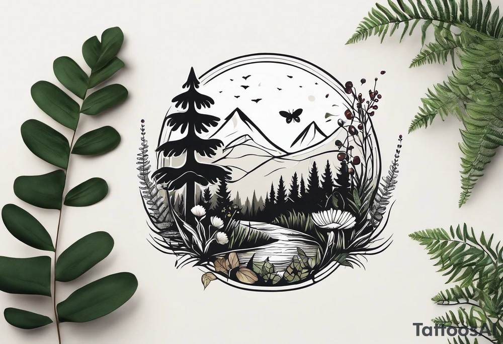 forest floor inspired minimalist tattoo, which includes grass, curly ferns, moss and dead leaves as the bulk of the tattoo. details to include: forest berries, a tiny bumblebee flying nearby, three small brown mushrooms
Generate a vertically long one tattoo idea