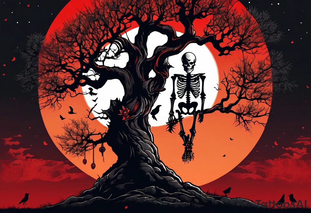 An ancient tree with a skeleton hanging on it. A joker and a skeleton in armor are chained near the tree. A red sun shines above the tree, and skeletons of birds fly tattoo idea