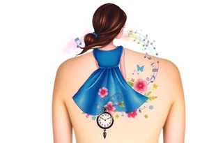Back view of the silhouette of a brown hair girl in a blue dress. She is following a colorful swirl with music notes, books, and flowers. A pocket watch is at the end of the swirl. tattoo idea