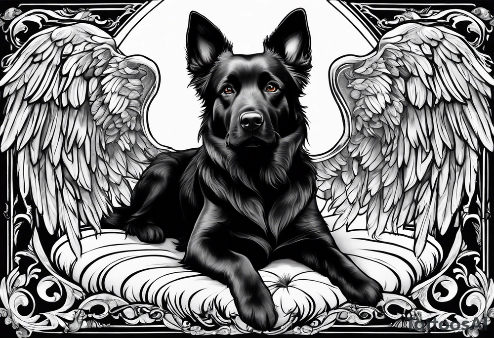 Black dog guarding angel infants tattoo idea