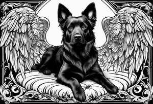 Black dog guarding angel infants tattoo idea