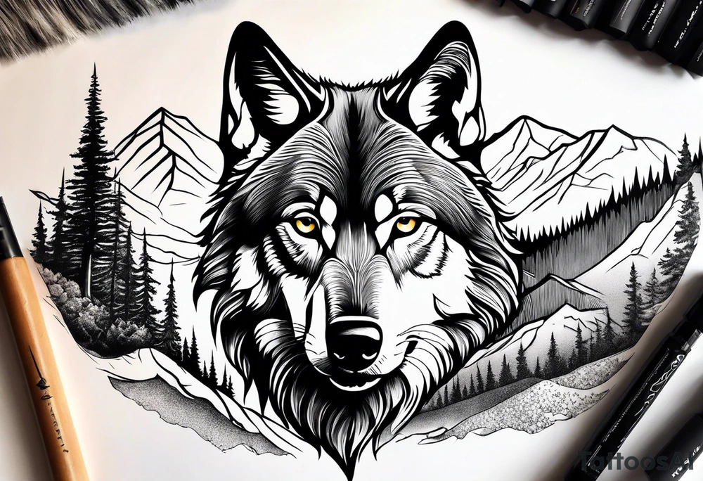 Mountains, wolf eyes underneath tattoo idea