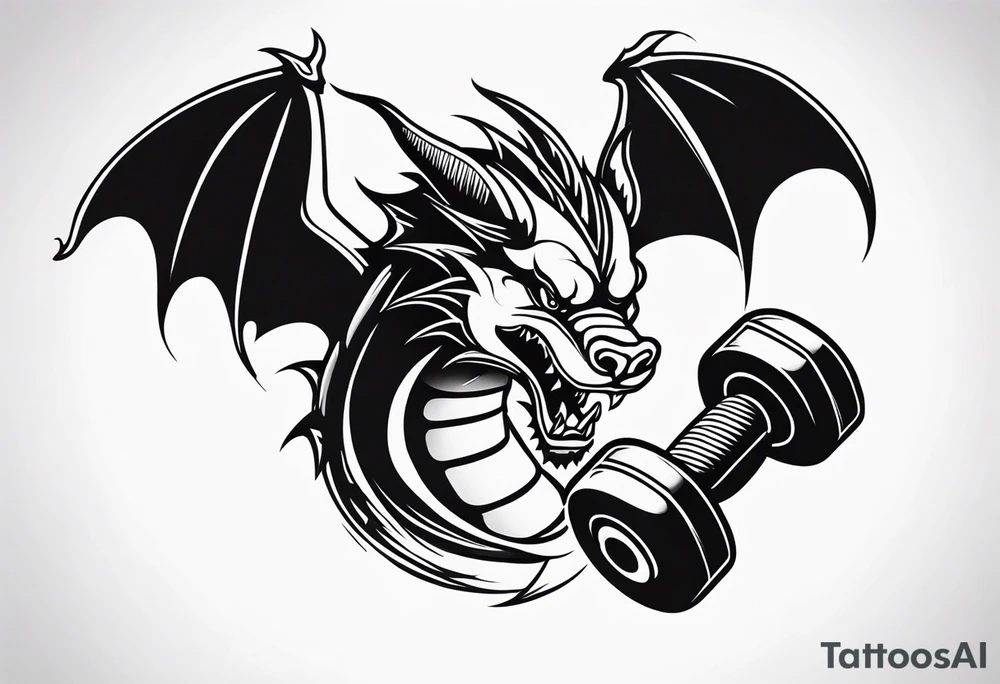 Simple Dragon biting a dumbbell tattoo idea