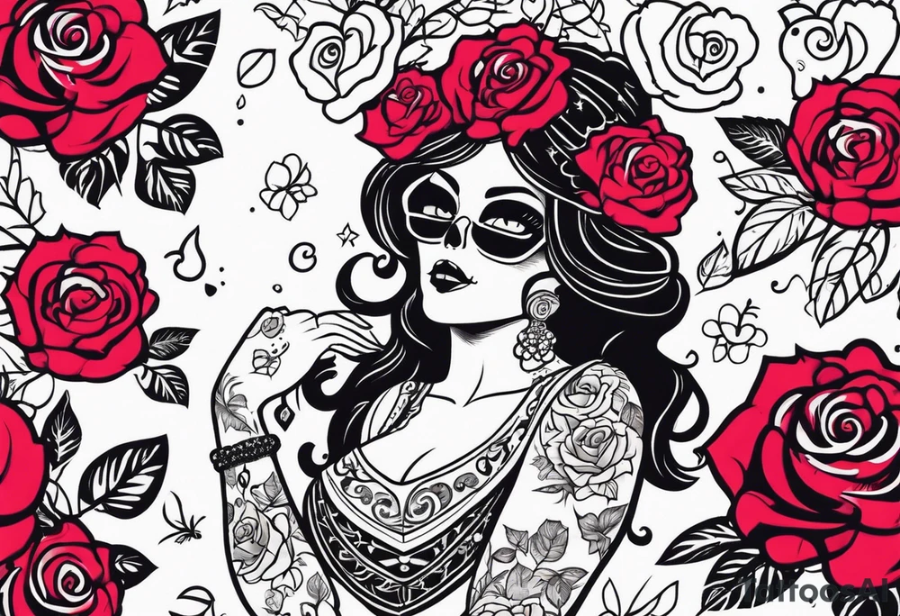 chest tattoo, from shoulder to shoulder, contains skulls, roses and muertos style girls tattoo idea