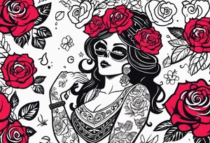 chest tattoo, from shoulder to shoulder, contains skulls, roses and muertos style girls tattoo idea