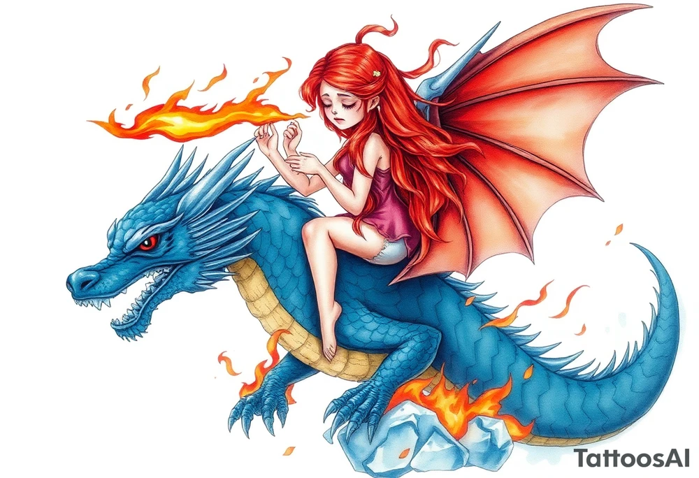 Sad redheaded girl on a blue dragon breathing fire with wings spread and flying over ice and flames tattoo idea