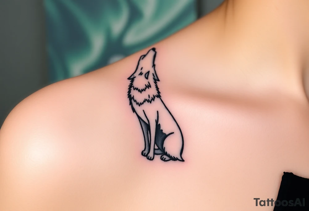 lone wolf howling at full moon with northern lights backdrop tattoo idea