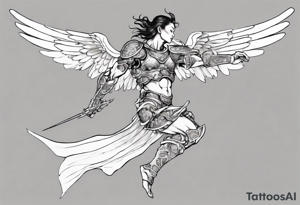 Side view of an angel wearing inorganic armor that is in mid-air ready to attack tattoo idea