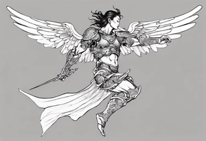 Side view of an angel wearing inorganic armor that is in mid-air ready to attack tattoo idea
