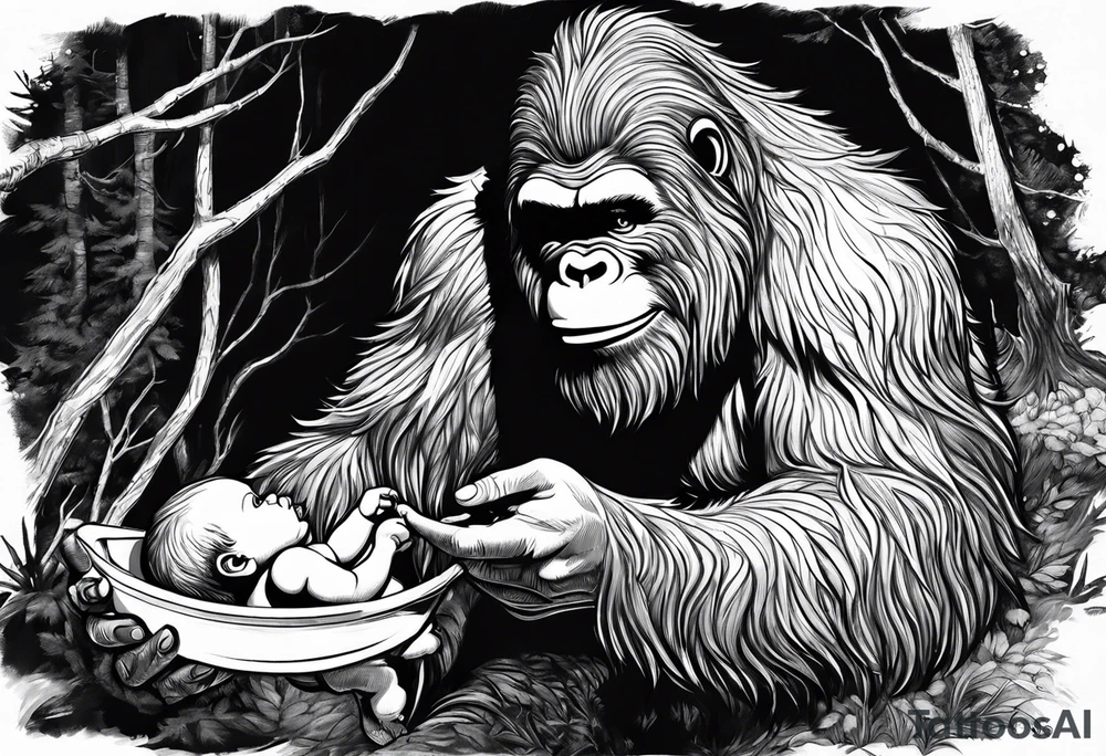 bigfoot feeding a baby bigfoot tattoo idea