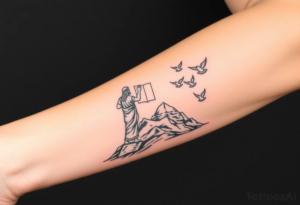 Moses holding the Ten Commandments with doves flying nearby on mountain Sinai tattoo idea