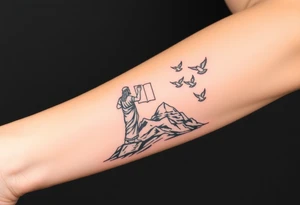 Moses holding the Ten Commandments with doves flying nearby on mountain Sinai tattoo idea