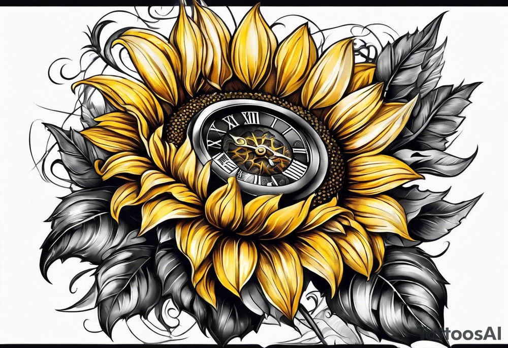 Sleeve with Roman numeral and sunflowers tattoo idea