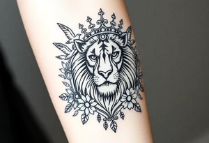 powerful majestic lion with a crown, surrounded by floral ornaments and birds tattoo idea