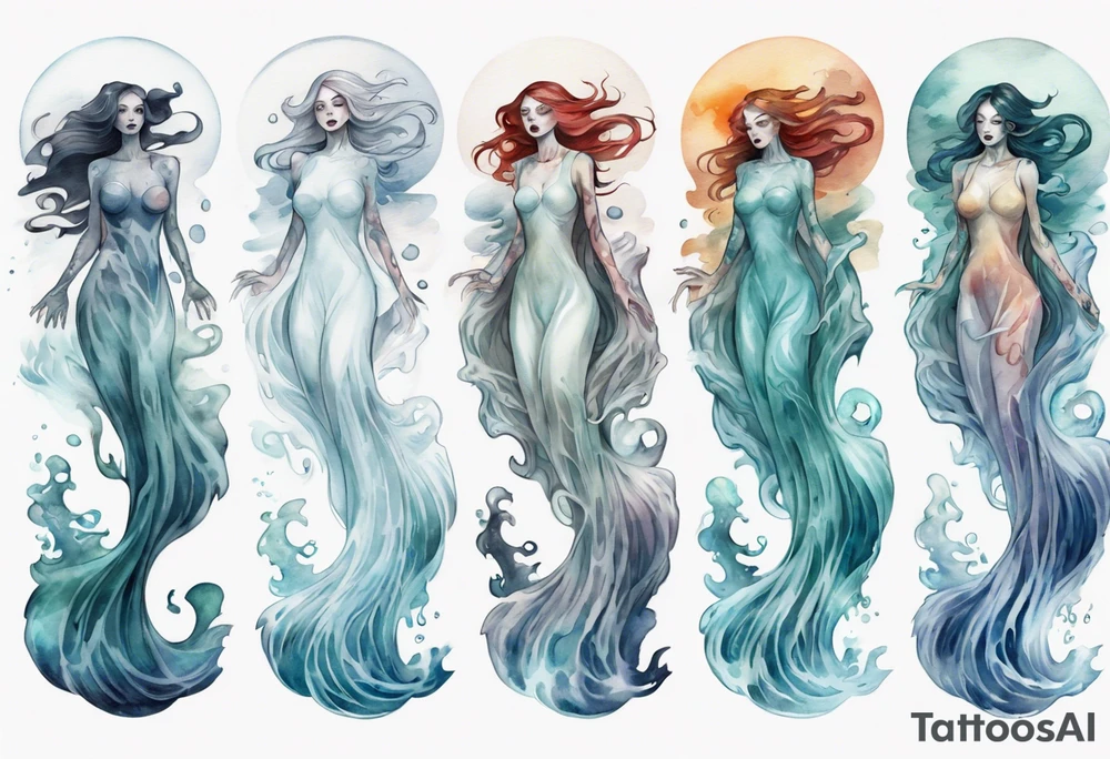 a transparent ghost woman rising from the waves of the sea tattoo idea